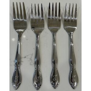 Vtg Set of 4 Salad Forks “T” Monogram Custom Made Floral Stainless Flatware‎